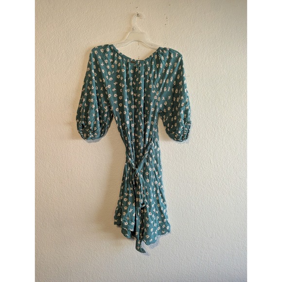 Billabong Teal Green Floral Off Shoulder Wrap Dress Puff Sleeve Rayon Womens L - Picture 16 of 16